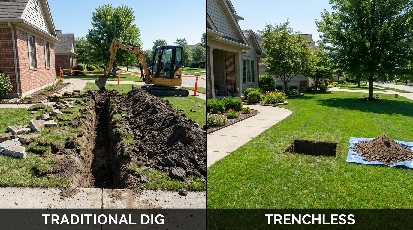 Trenchless sewer repair with minimal yard damage versus traditional excavation in Warsaw, KY