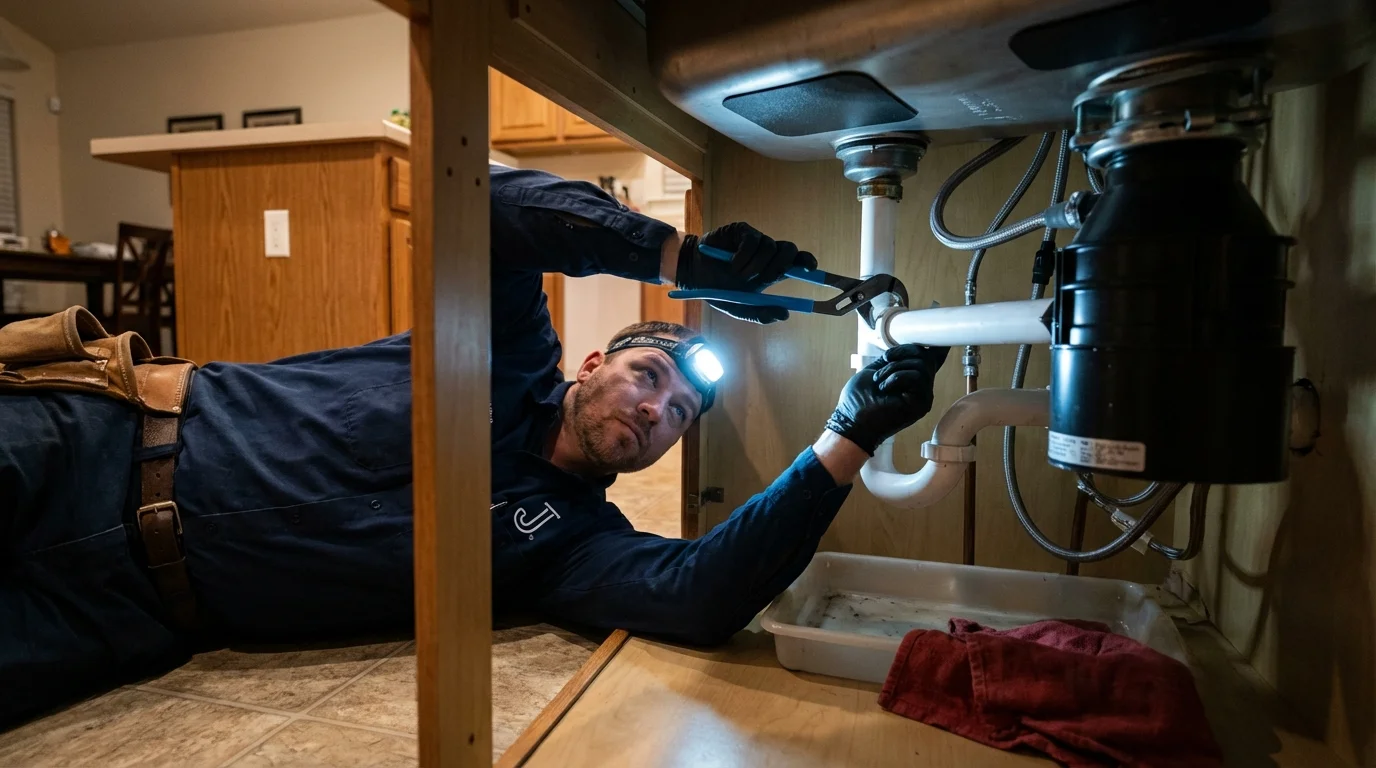 P-trap and supply line connections under a kitchen sink showing a common leak point in Warsaw, KY